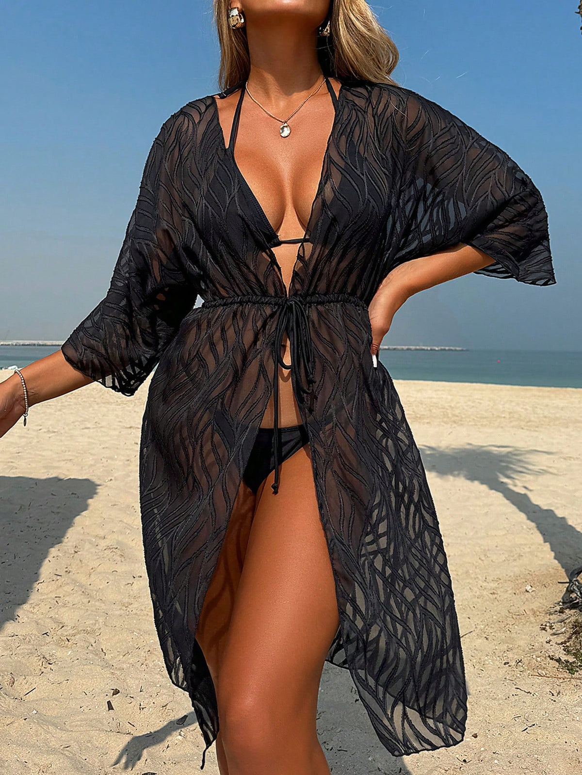 Women's Solid Color Jacquard Off-Shoulder Long Sleeve Beach Cover-Up With Waist Tie Vacation Black Summer, Vacationcore