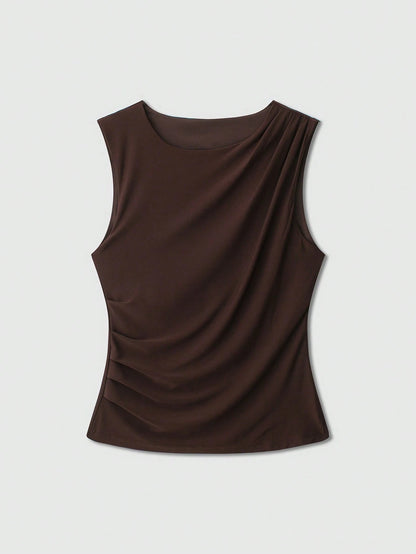 Women's Solid Color Round Neck Casual Draped Tank Top Summer Brown