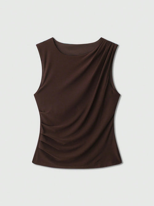 Women's Solid Color Round Neck Casual Draped Tank Top Summer Brown