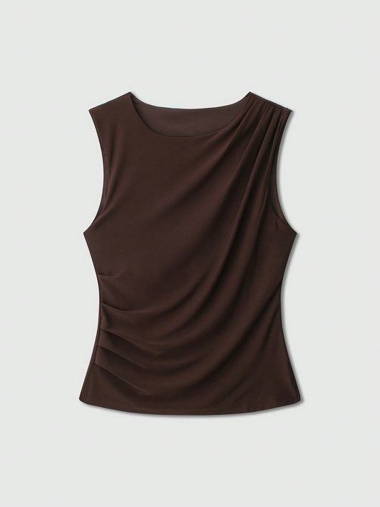Women's Solid Color Round Neck Casual Draped Tank Top Summer Brown