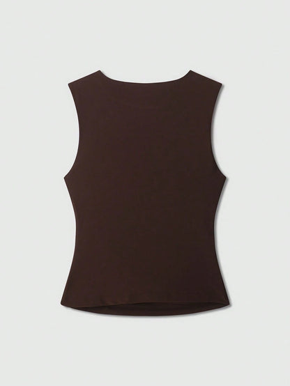 Women's Solid Color Round Neck Casual Draped Tank Top Summer Brown