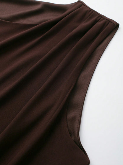 Women's Solid Color Round Neck Casual Draped Tank Top Summer Brown