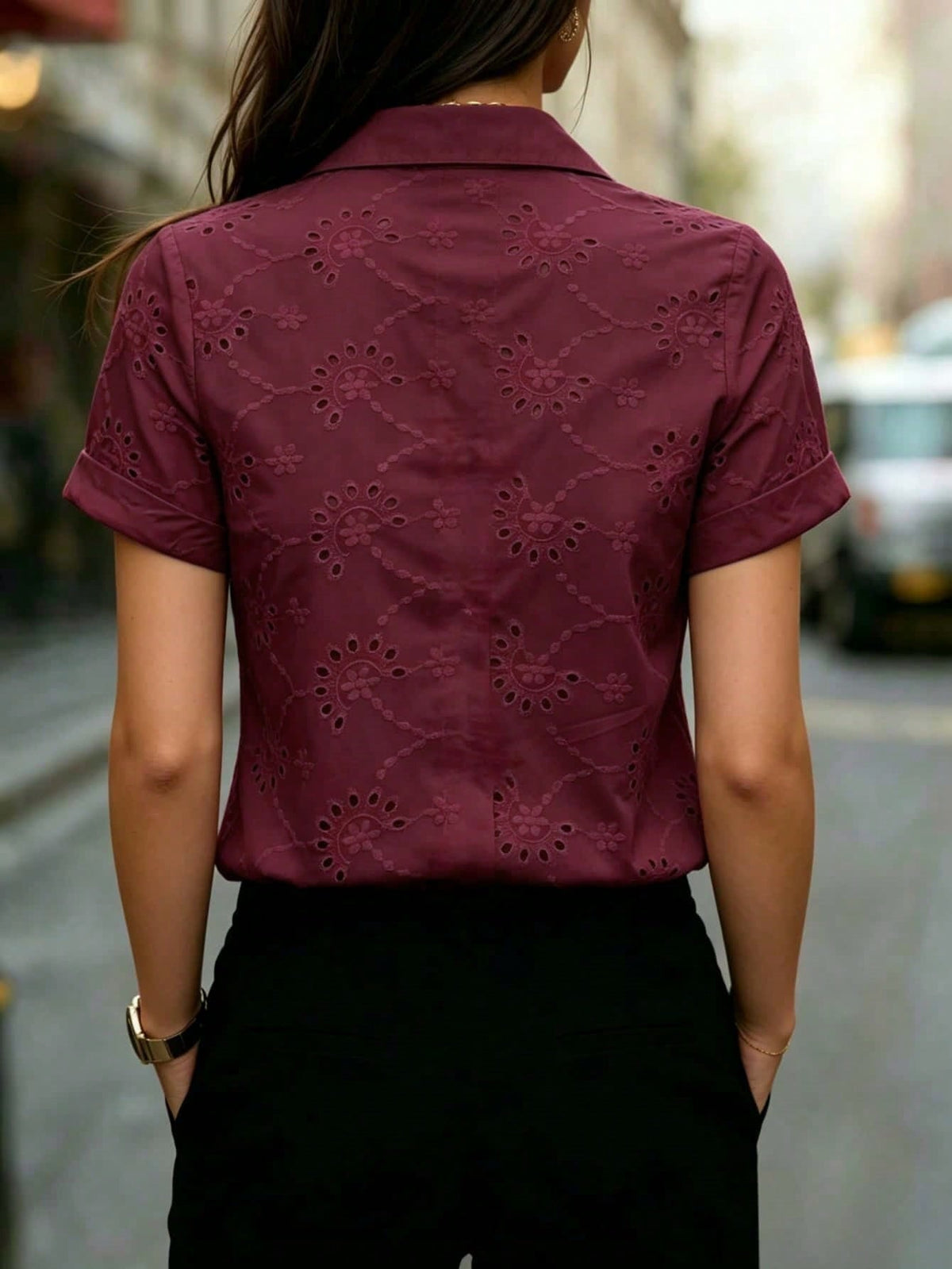 Women's Solid Color Sheer Mesh Blouse, Lightweight Short Sleeve Button Neckline Top, Office Casual Shirt, Suitable For Spring, Summer, Autumn