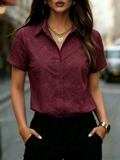 Women's Solid Color Sheer Mesh Blouse, Lightweight Short Sleeve Button Neckline Top, Office Casual Shirt, Suitable For Spring, Summer, Autumn