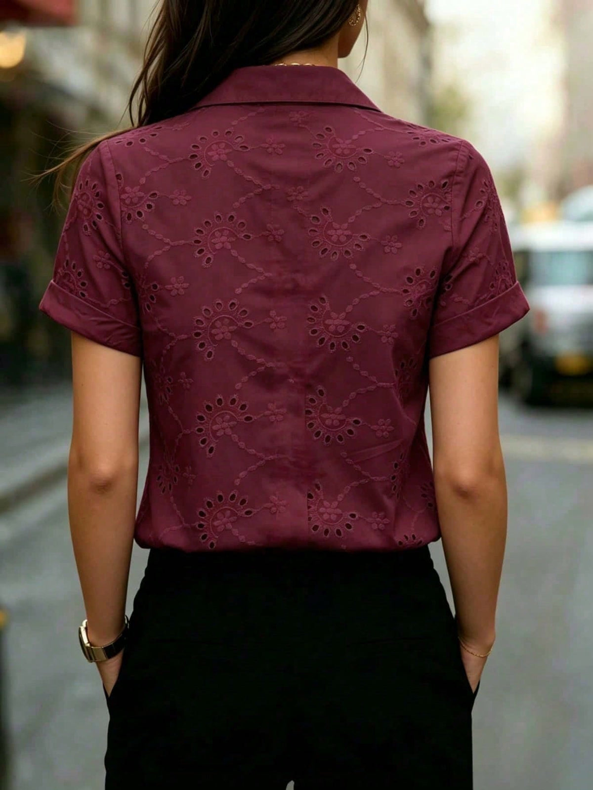 Women's Solid Color Sheer Mesh Blouse, Lightweight Short Sleeve Button Neckline Top, Office Casual Shirt, Suitable For Spring, Summer, Autumn
