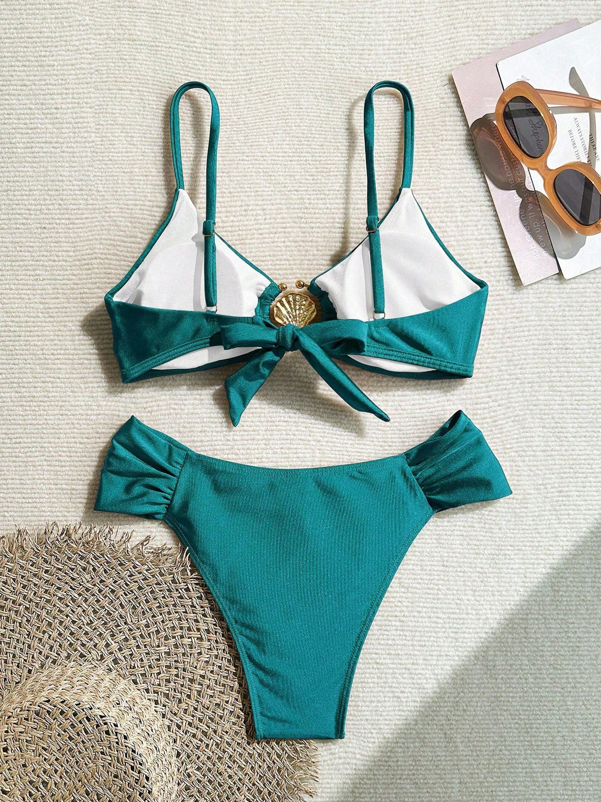 Women's Solid Color Shiny Fabric Metal Decor Spaghetti Strap Bikini Two Pieces Set Summer Vacation Beach