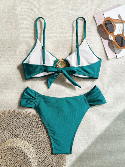 Women's Solid Color Shiny Fabric Metal Decor Spaghetti Strap Bikini Two Pieces Set Summer Vacation Beach