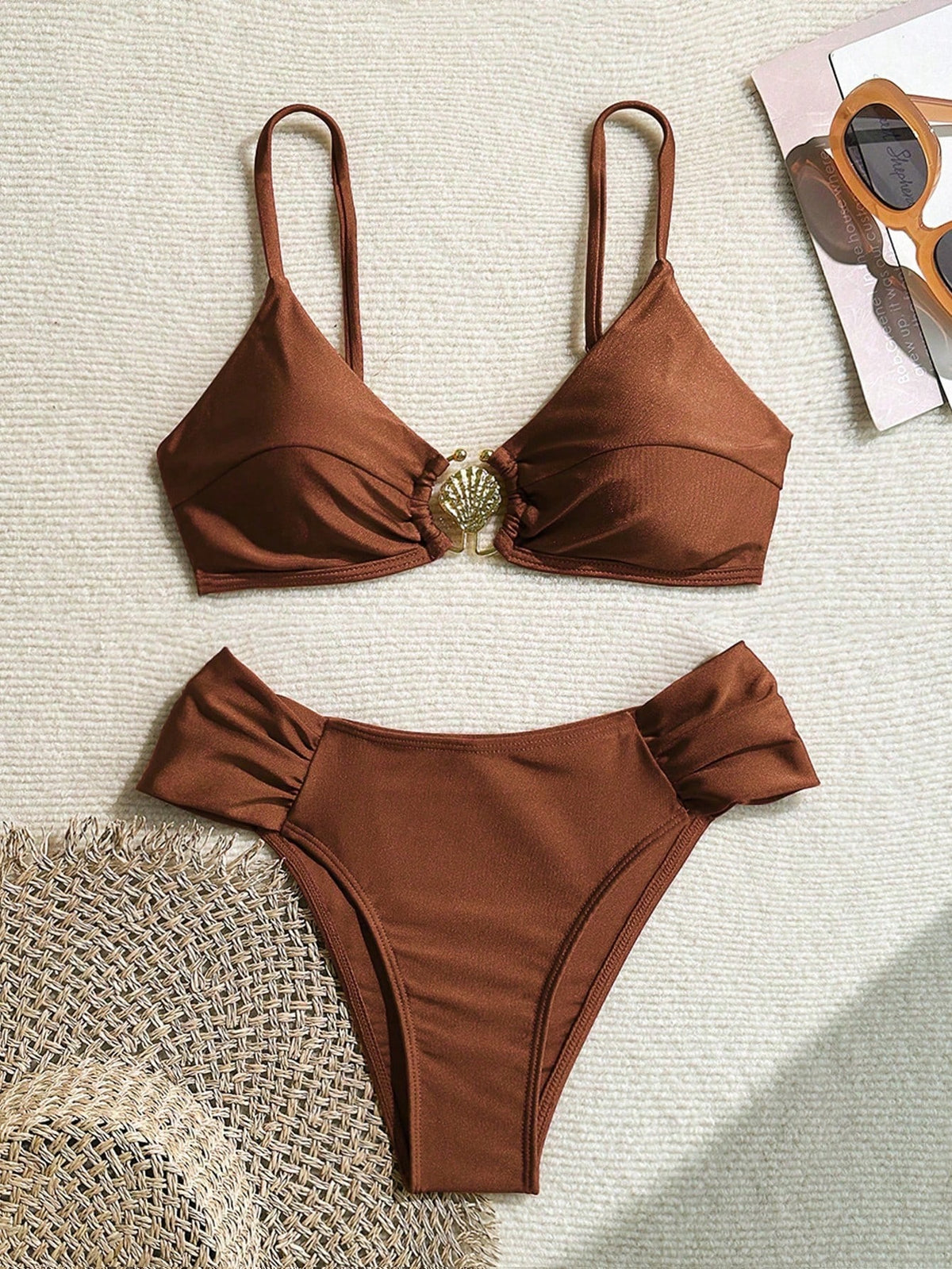 Women's Solid Color Shiny Fabric Metal Decor Spaghetti Strap Bikini Two Pieces Set Summer Vacation Beach