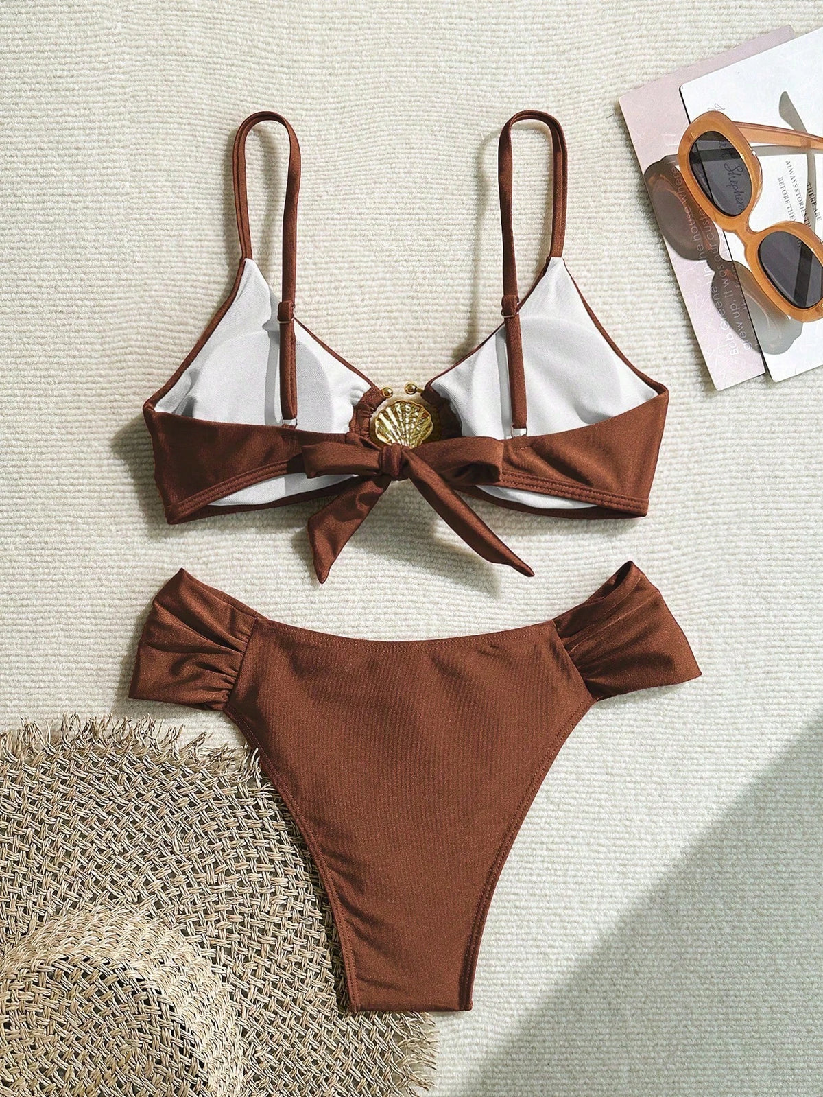 Women's Solid Color Shiny Fabric Metal Decor Spaghetti Strap Bikini Two Pieces Set Summer Vacation Beach