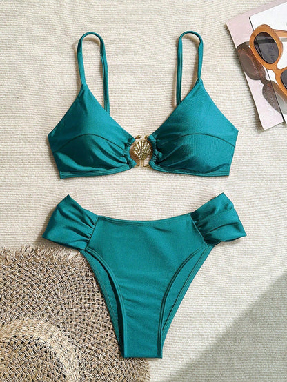 Women's Solid Color Shiny Fabric Metal Decor Spaghetti Strap Bikini Two Pieces Set Summer Vacation Beach