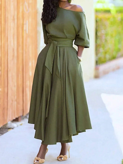 Women's Solid Color Tie-Up Long Dress, Elegant With Pockets, Off-Shoulder, Asymmetrical Hem, Fashion Resort Dress Summer