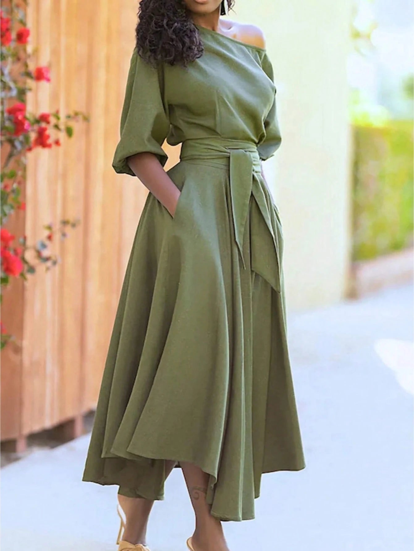 Women's Solid Color Tie-Up Long Dress, Elegant With Pockets, Off-Shoulder, Asymmetrical Hem, Fashion Resort Dress Summer