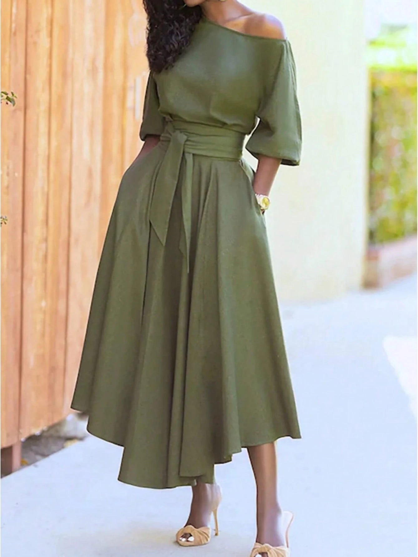 Women's Solid Color Tie-Up Long Dress, Elegant With Pockets, Off-Shoulder, Asymmetrical Hem, Fashion Resort Dress Summer