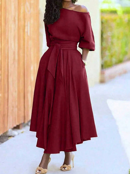 Women's Solid Color Tie-Up Long Dress, Elegant With Pockets, Off-Shoulder, Asymmetrical Hem, Fashion Resort Dress Summer