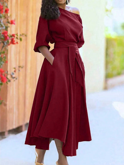 Women's Solid Color Tie-Up Long Dress, Elegant With Pockets, Off-Shoulder, Asymmetrical Hem, Fashion Resort Dress Summer