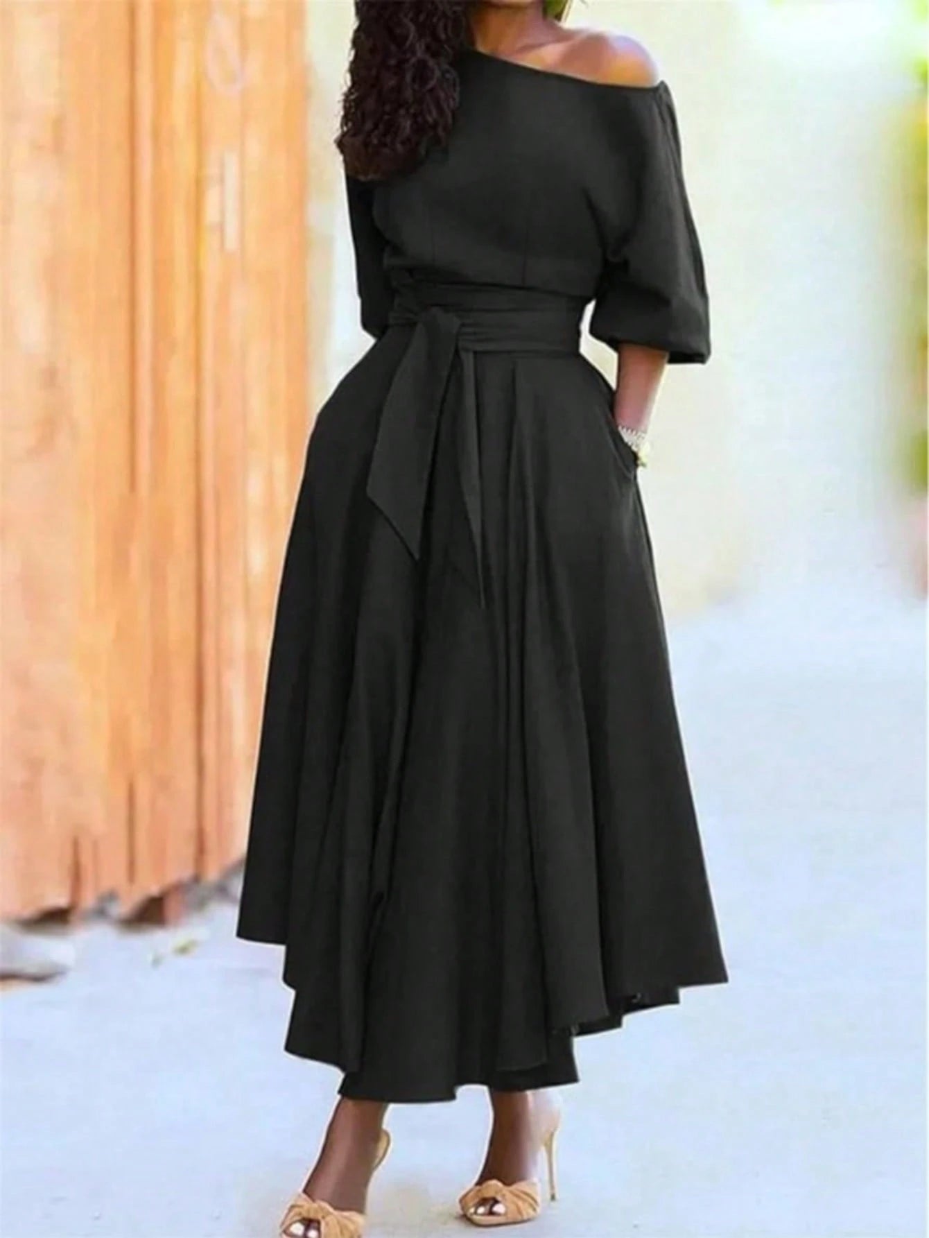 Women's Solid Color Tie-Up Long Dress, Elegant With Pockets, Off-Shoulder, Asymmetrical Hem, Fashion Resort Dress Summer