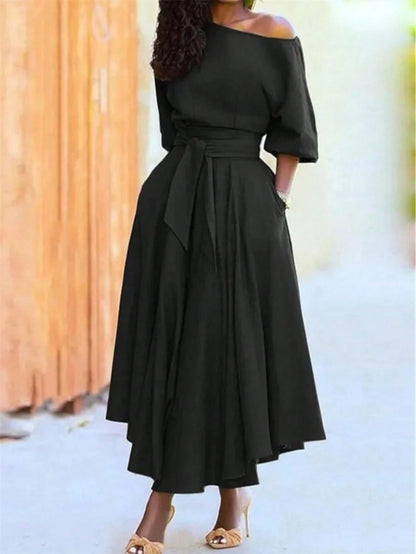 Women's Solid Color Tie-Up Long Dress, Elegant With Pockets, Off-Shoulder, Asymmetrical Hem, Fashion Resort Dress Summer