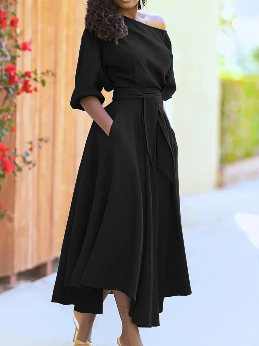 Women's Solid Color Tie-Up Long Dress, Elegant With Pockets, Off-Shoulder, Asymmetrical Hem, Fashion Resort Dress Summer
