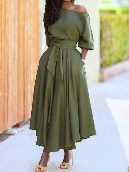 Women's Solid Color Tie-Up Long Dress, Elegant With Pockets, Off-Shoulder, Asymmetrical Hem, Fashion Resort Dress Summer