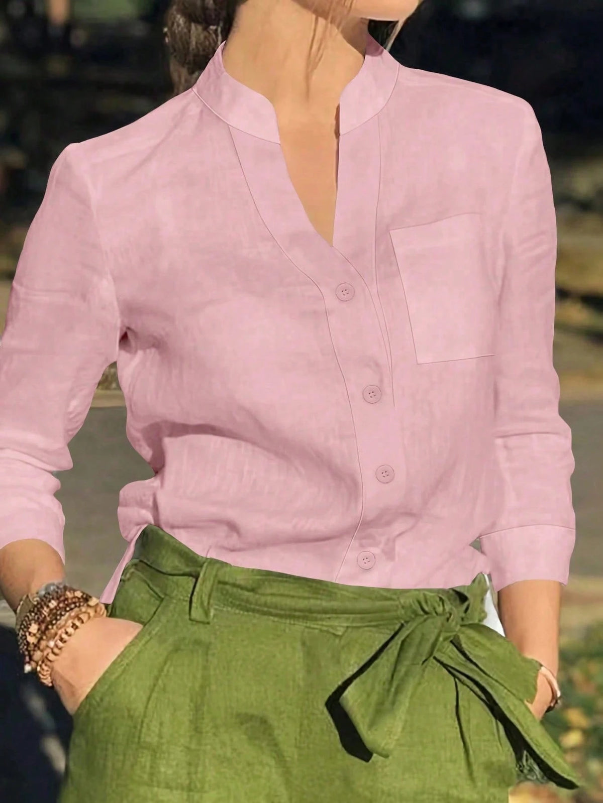 Women's Solid V Neck Button Down Shirt, Long Sleeve Casual Elegant Blouse With Pocket, Daily, Holiday, Travel, Spring Summer Fall Winter Essential