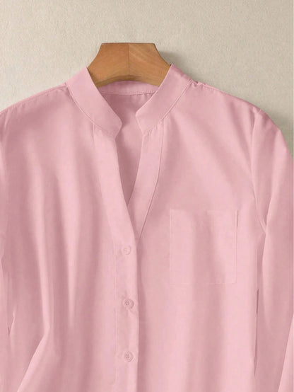 Women's Solid V Neck Button Down Shirt, Long Sleeve Casual Elegant Blouse With Pocket, Daily, Holiday, Travel, Spring Summer Fall Winter Essential