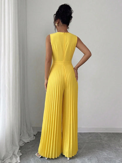 Women's Spring/Summer Elegant Commuter Yellow V-Neck Sleeveless Metal Buckle Pleated Ruched Waist Fitted Slim Jumpsuit