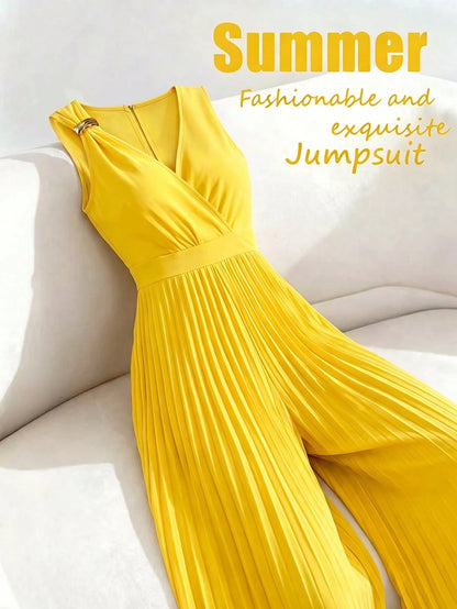 Women's Spring/Summer Elegant Commuter Yellow V-Neck Sleeveless Metal Buckle Pleated Ruched Waist Fitted Slim Jumpsuit