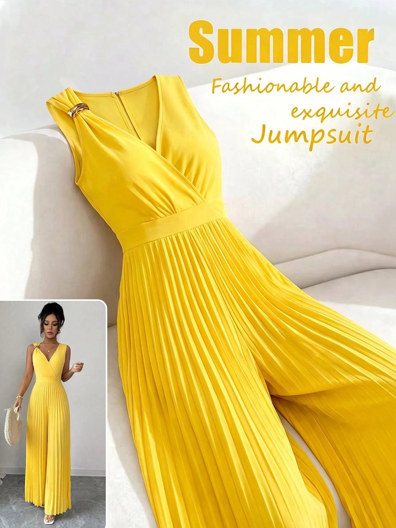 Women's Spring/Summer Elegant Commuter Yellow V-Neck Sleeveless Metal Buckle Pleated Ruched Waist Fitted Slim Jumpsuit