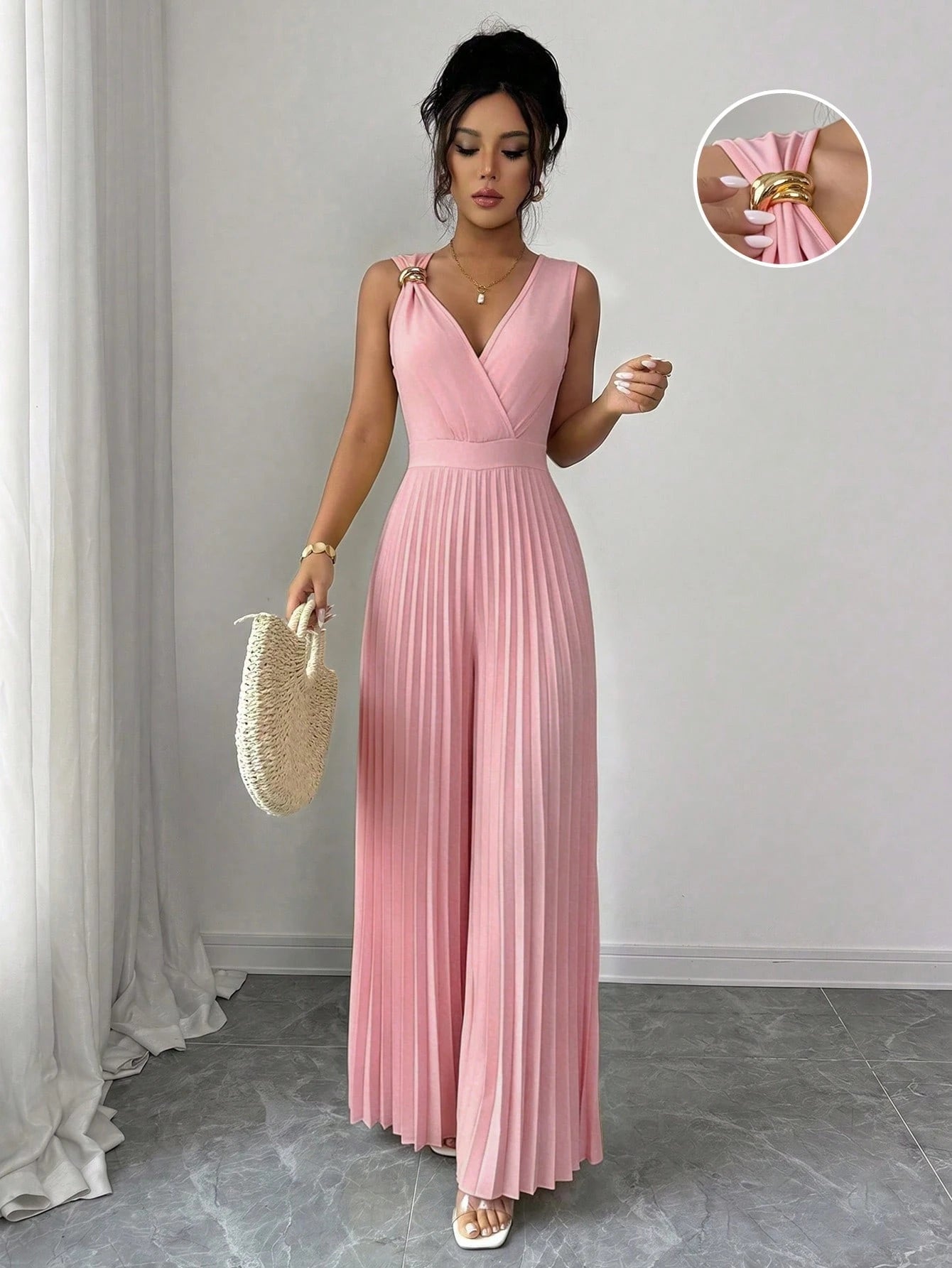 Women's Spring/Summer Elegant Commuter Yellow V-Neck Sleeveless Metal Buckle Pleated Ruched Waist Fitted Slim Jumpsuit