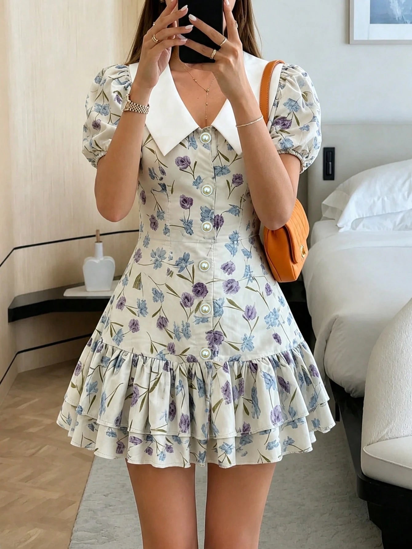 Women's Spring/Summer New Bohemian Style Elegant Fashion Casual Puff Sleeve Splice Collar Print Single-Breasted Metal Button Pleated Fitted Mini Dress, New Year Dress, Elegant Dress For Women, Valenti