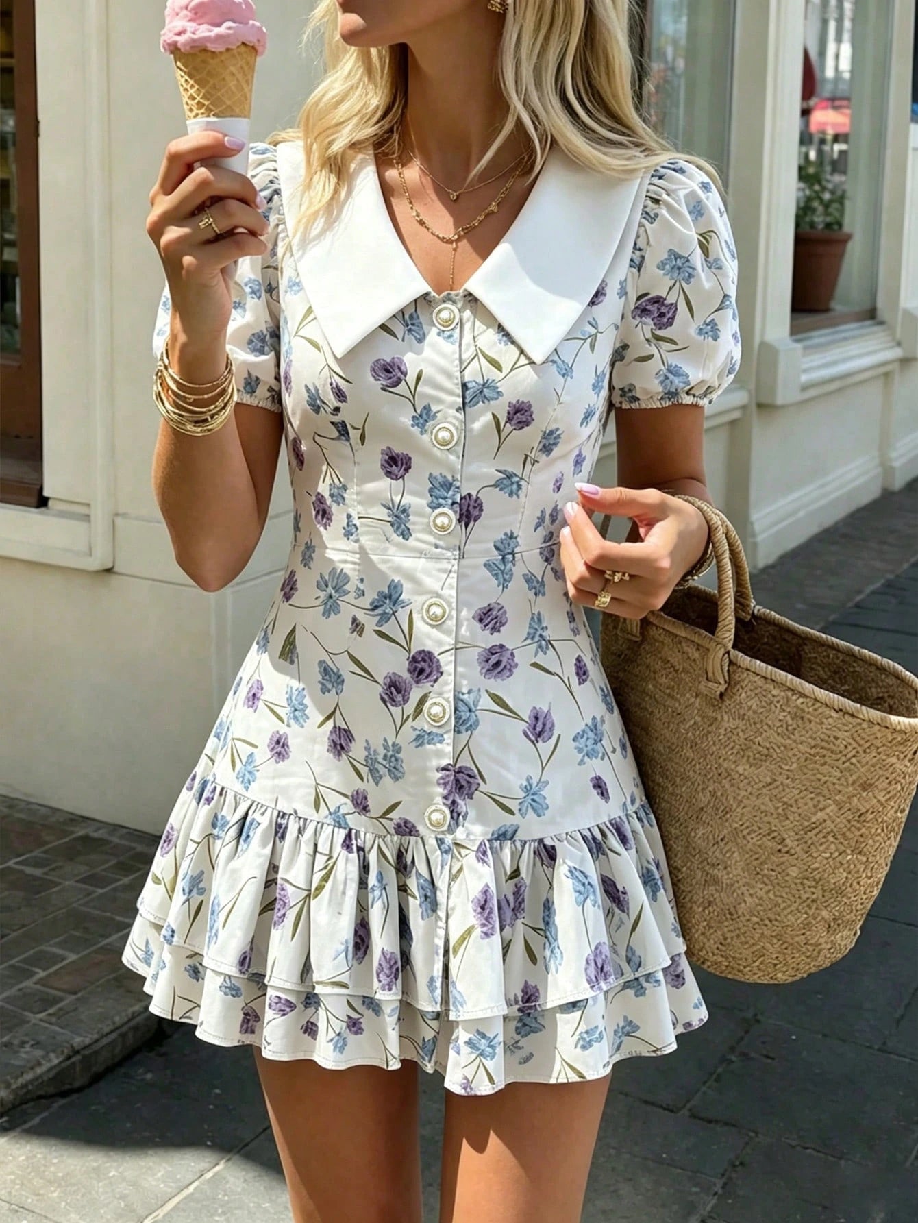 Women's Spring/Summer New Bohemian Style Elegant Fashion Casual Puff Sleeve Splice Collar Print Single-Breasted Metal Button Pleated Fitted Mini Dress, New Year Dress, Elegant Dress For Women, Valenti