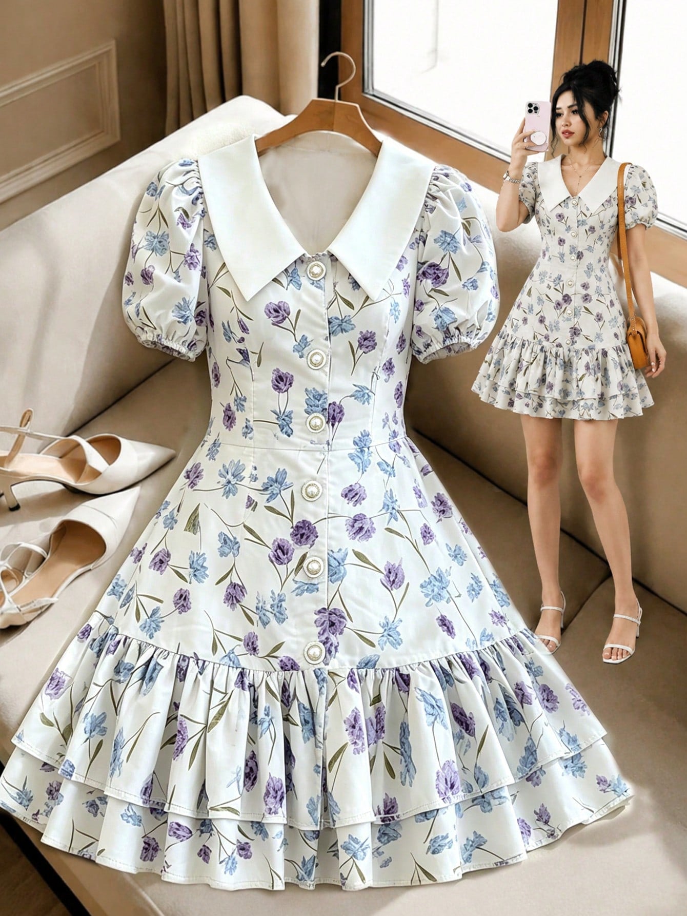 Women's Spring/Summer New Bohemian Style Elegant Fashion Casual Puff Sleeve Splice Collar Print Single-Breasted Metal Button Pleated Fitted Mini Dress, New Year Dress, Elegant Dress For Women, Valenti