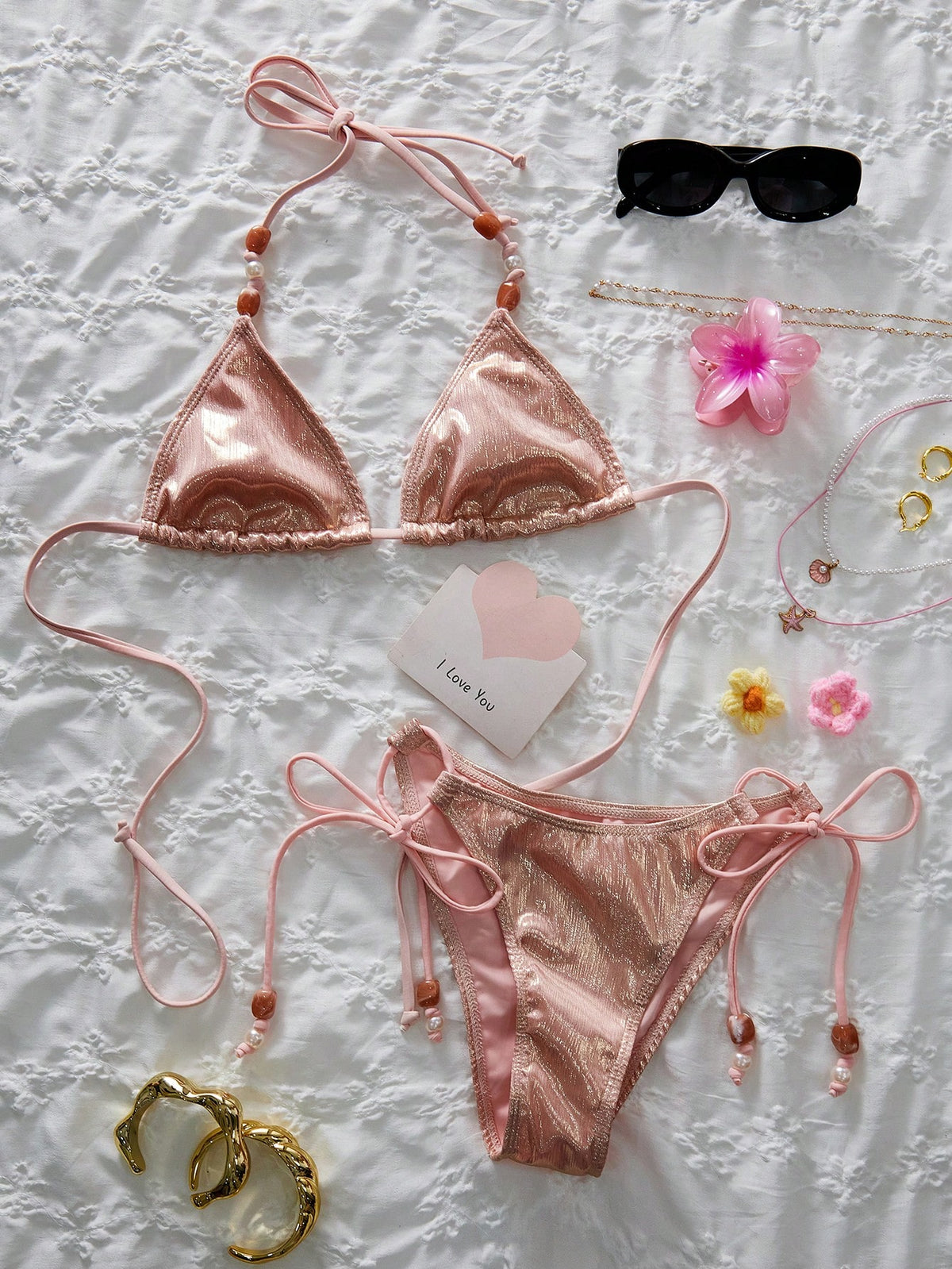 Women's Spring/Summer New Metallic Fabric Beaded Sexy Sweet 3-Piece Bikini, Suitable For Beach, Vacation And Holiday Parties