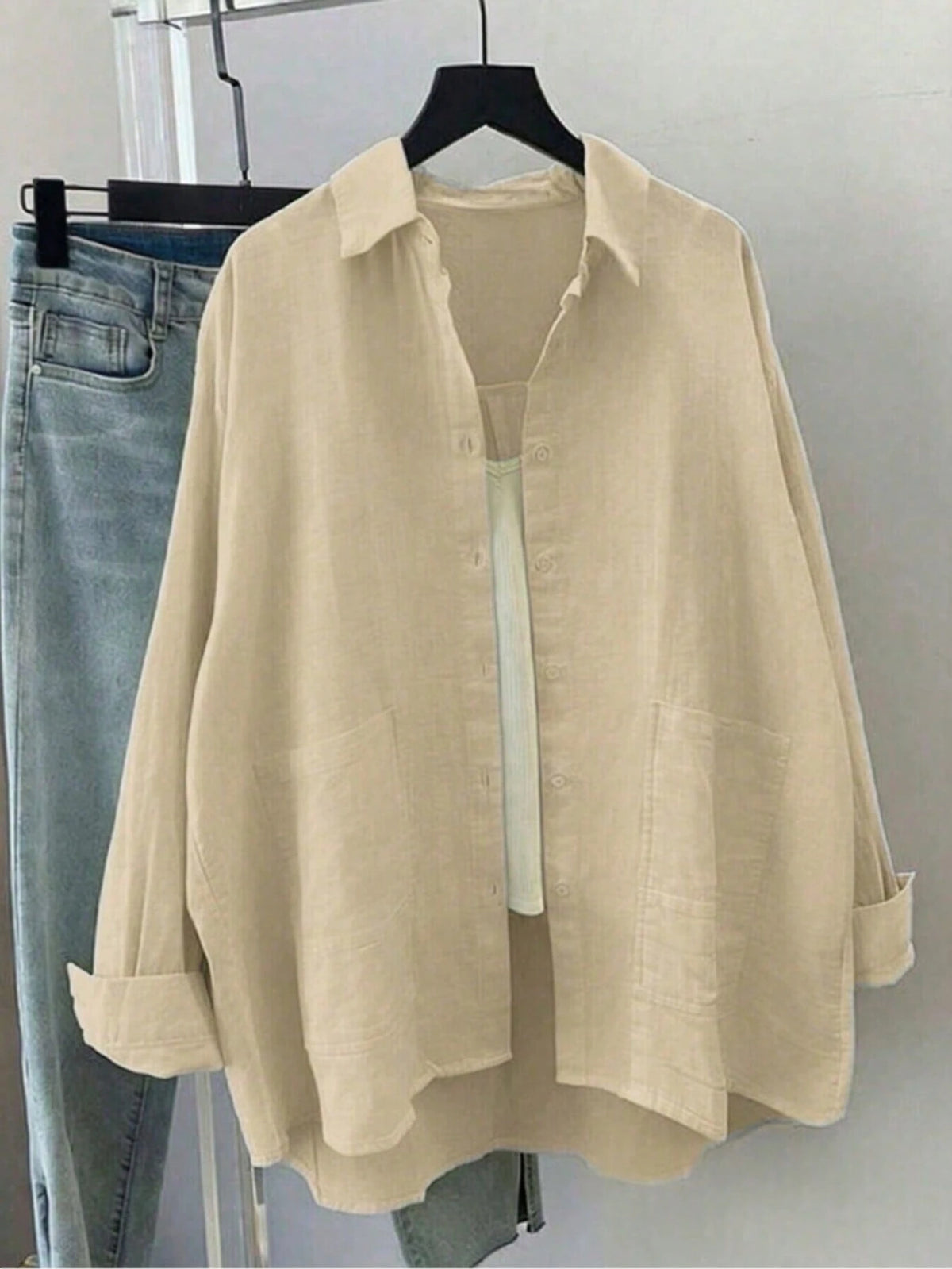 Women's Spring/Summer Solid Color Loose Casual Pocket Long Sleeve Shirt, Featuring Dropped Shoulder Design, Shirt Collar And Front Pocket, Woven Fabric For Casual Everyday Look.