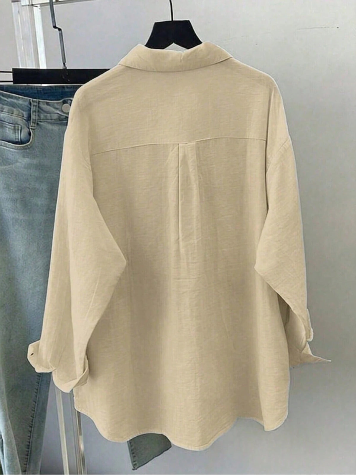 Women's Spring/Summer Solid Color Loose Casual Pocket Long Sleeve Shirt, Featuring Dropped Shoulder Design, Shirt Collar And Front Pocket, Woven Fabric For Casual Everyday Look.