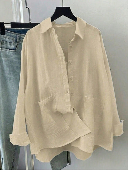 Women's Spring/Summer Solid Color Loose Casual Pocket Long Sleeve Shirt, Featuring Dropped Shoulder Design, Shirt Collar And Front Pocket, Woven Fabric For Casual Everyday Look.