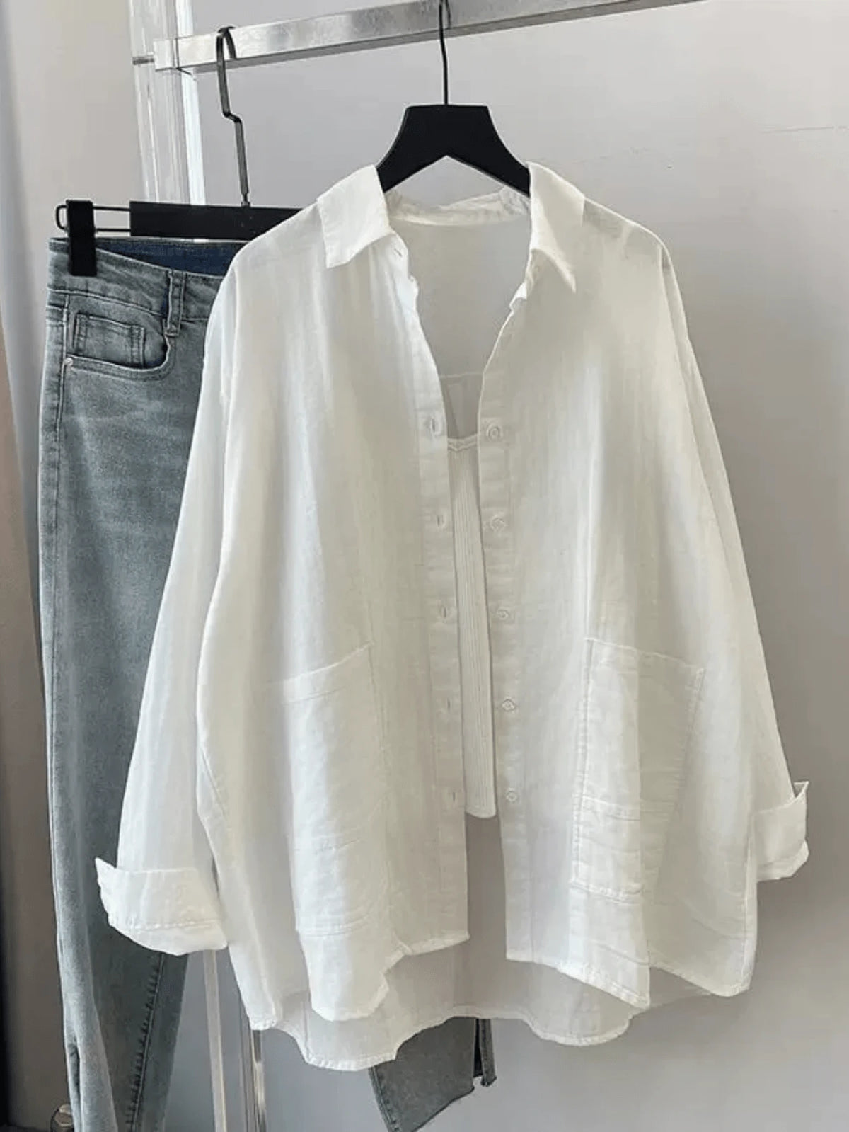 Women's Spring/Summer Solid Color Loose Casual Pocket Long Sleeve Shirt, Featuring Dropped Shoulder Design, Shirt Collar And Front Pocket, Woven Fabric For Casual Everyday Look.