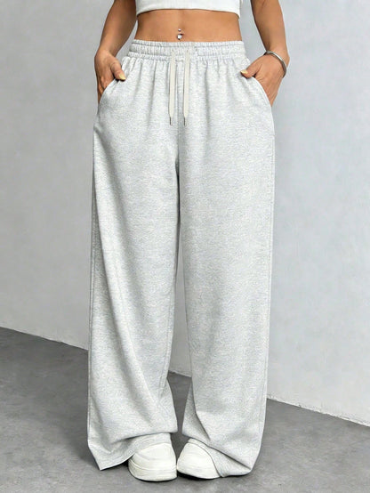 Women's Straight Leg Casual Sweatpants, Fashionable Minimalist Elastic Waist With Side Pockets Sports
