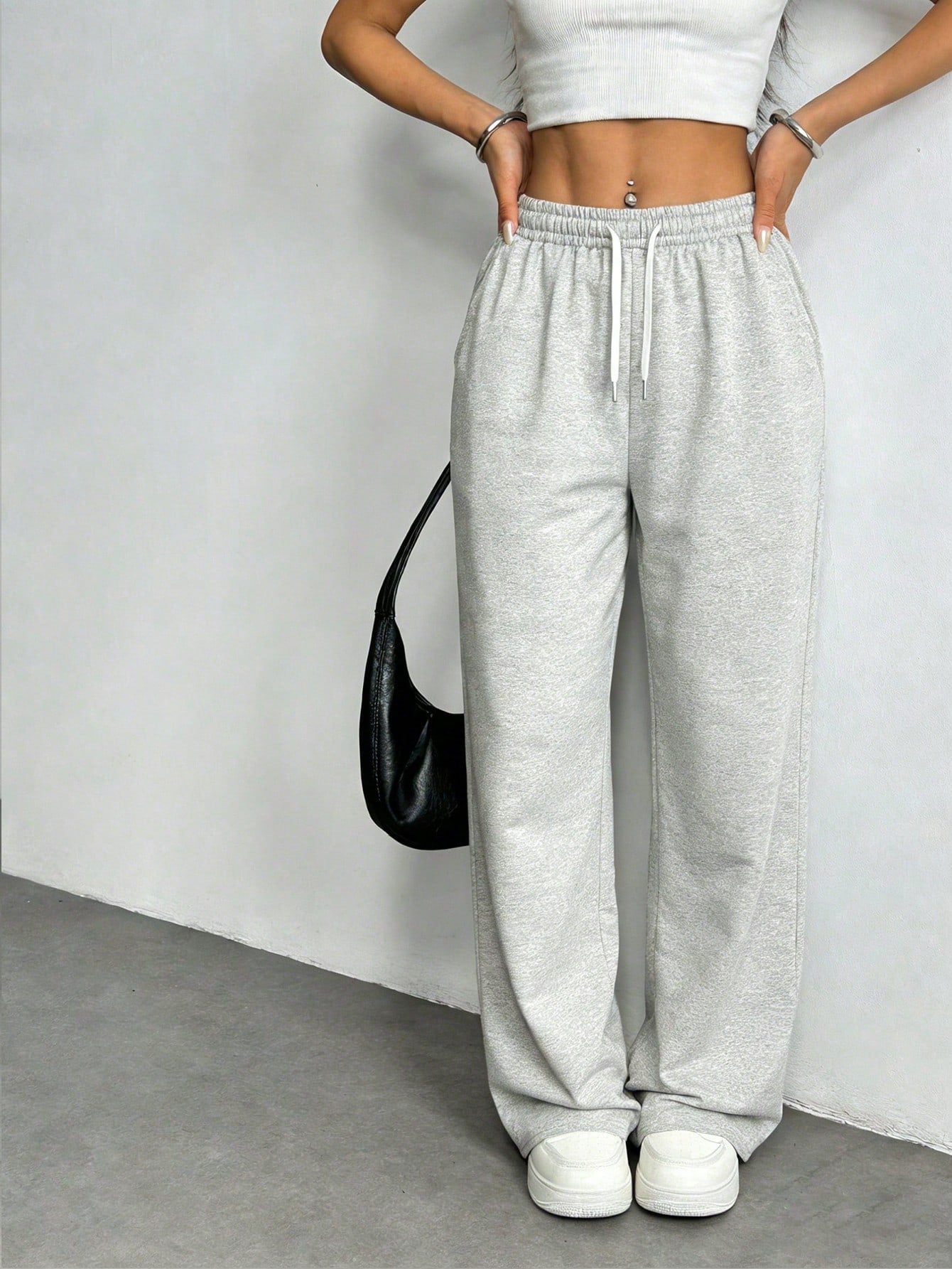 Women's Straight Leg Casual Sweatpants, Fashionable Minimalist Elastic Waist With Side Pockets Sports