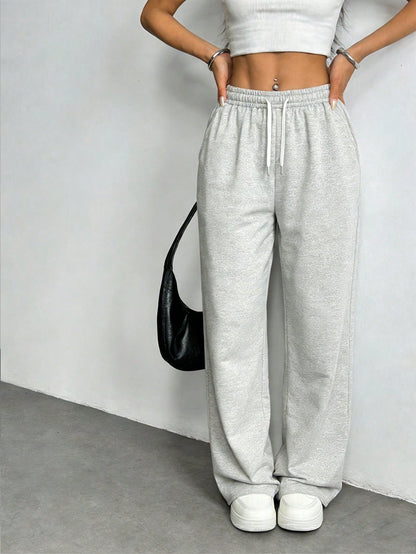 Women's Straight Leg Casual Sweatpants, Fashionable Minimalist Elastic Waist With Side Pockets Sports