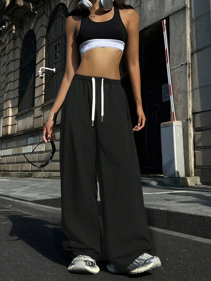 Women's Straight Leg Casual Sweatpants, Fashionable Minimalist Elastic Waist With Side Pockets Sports