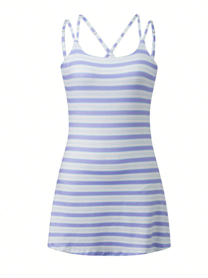 Women's Striped Mini Cami Dress Spaghetti Strap Square Neck Bodycon Short Dress Summer Sleeveless Backless Slim Fit Going Out Dresses Beach Sundress