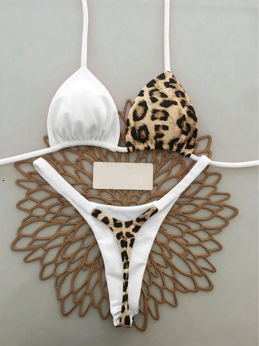 Women's Summer Beach Leopard Print Halter Tie Sexy Bikini And Triangle Panty Swimwear Set Vacation White