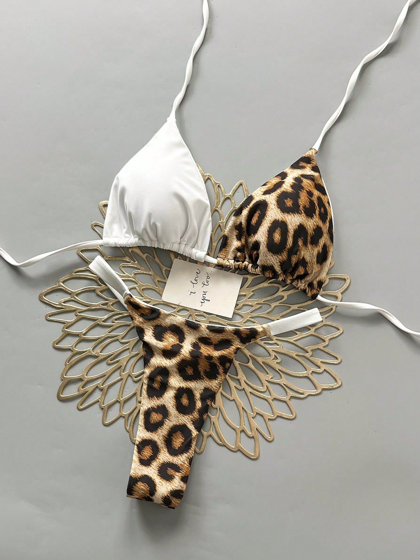Women's Summer Beach Leopard Print Halter Tie Sexy Bikini And Triangle Panty Swimwear Set Vacation White