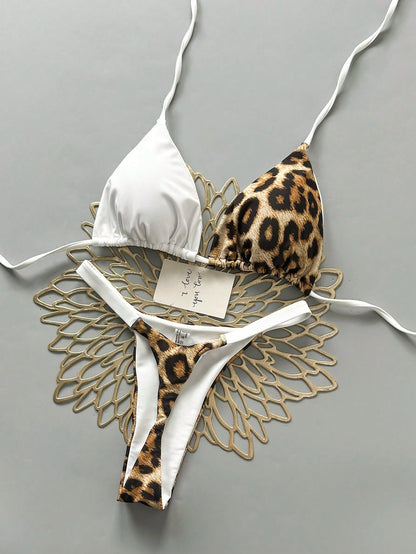 Women's Summer Beach Leopard Print Halter Tie Sexy Bikini And Triangle Panty Swimwear Set Vacation White