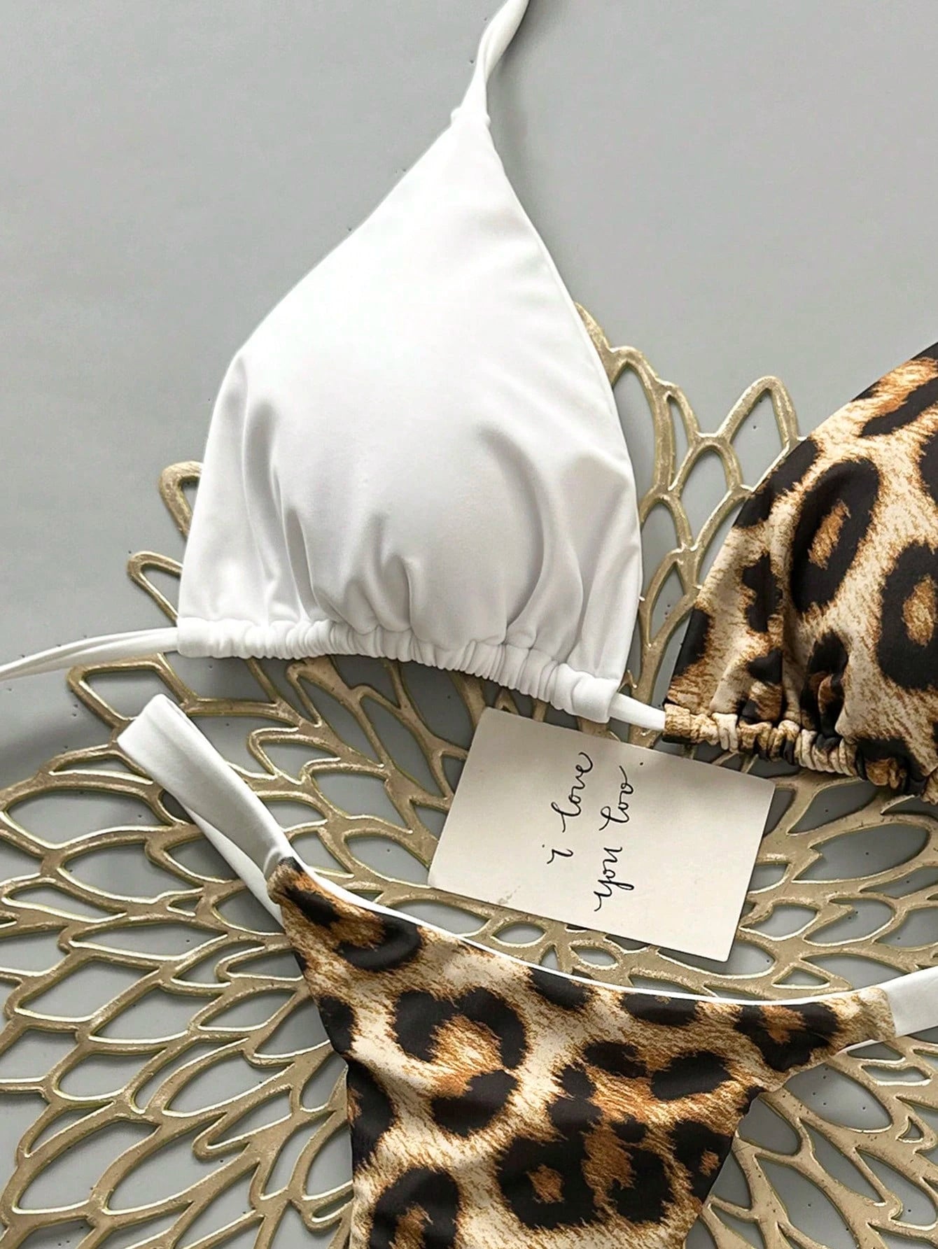 Women's Summer Beach Leopard Print Halter Tie Sexy Bikini And Triangle Panty Swimwear Set Vacation White
