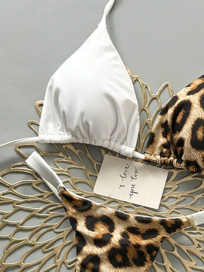 Women's Summer Beach Leopard Print Halter Tie Sexy Bikini And Triangle Panty Swimwear Set Vacation White
