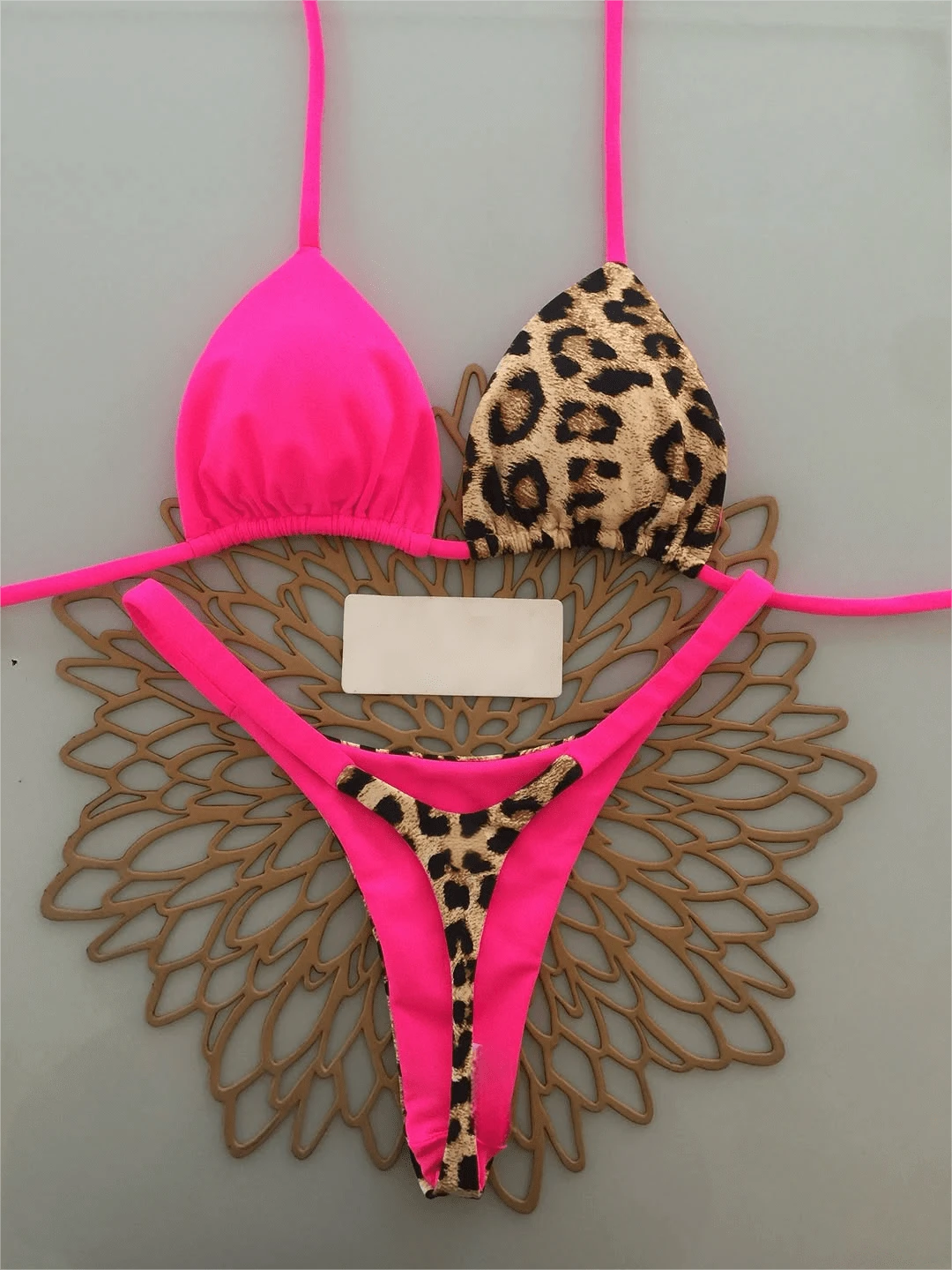 Women's Summer Beach Leopard Print Halter Tie Sexy Bikini And Triangle Panty Swimwear Set Vacation White