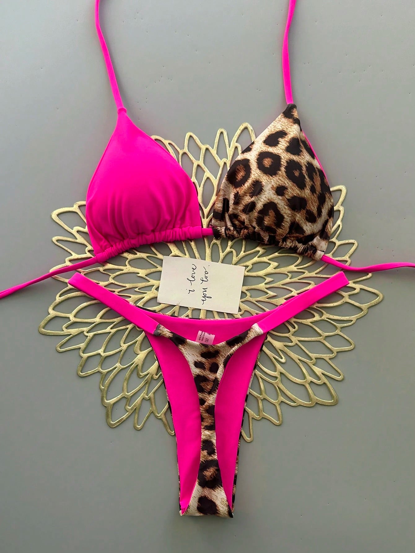 Women's Summer Beach Leopard Print Halter Tie Sexy Bikini And Triangle Panty Swimwear Set Vacation White