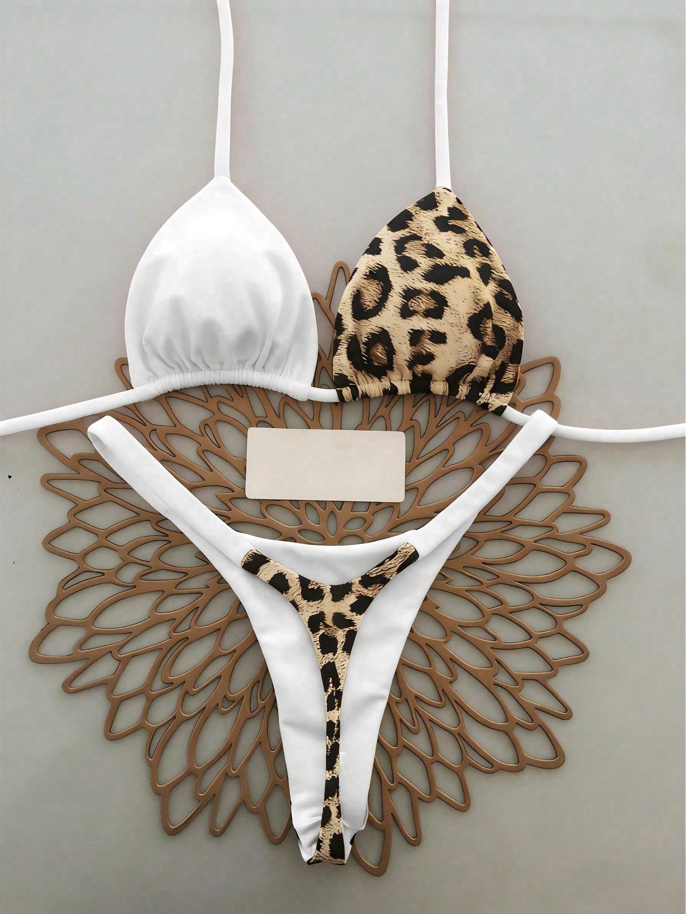 Women's Summer Beach Leopard Print Halter Tie Sexy Bikini And Triangle Panty Swimwear Set Vacation White